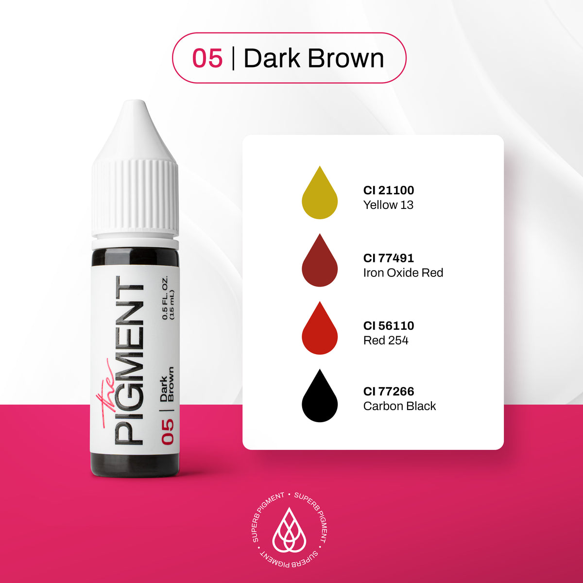 INCI pigmento PMU cejas The Pigment 05 Dark Brown CI 21100 CI 77491 CI 56110 CI 77266 composición profesional híbrida micropigmentación