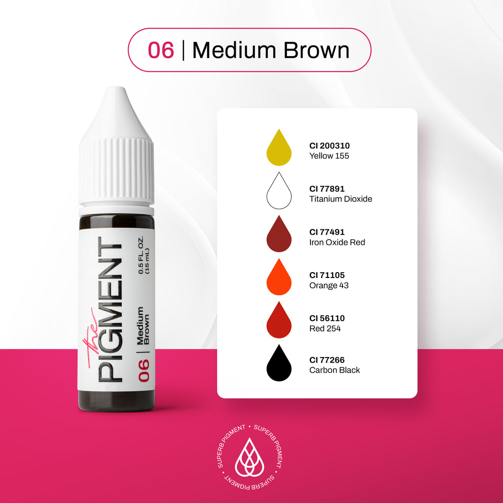 INCI pigmento PMU cejas The Pigment 06 Medium Brown composición CI 200310 CI 77891 CI 77491 CI 71105 CI 56110 fórmula híbrida profesional