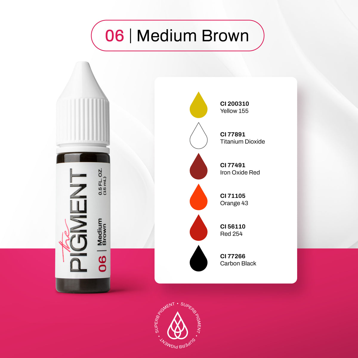 INCI pigmento PMU cejas The Pigment 06 Medium Brown composición CI 200310 CI 77891 CI 77491 CI 71105 CI 56110 fórmula híbrida profesional
