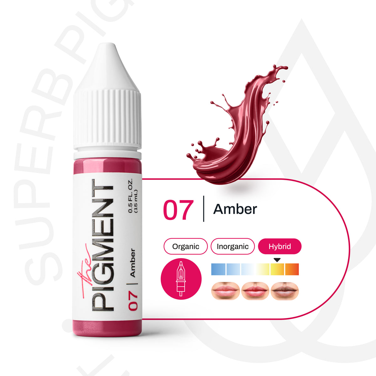 Ficha técnica del pigmento PMU The Pigment 07 Amber para labios, fórmula híbrida con guía visual de subtono y aplicación profesional.