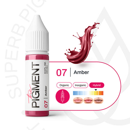 Ficha técnica del pigmento PMU The Pigment 07 Amber para labios, fórmula híbrida con guía visual de subtono y aplicación profesional.