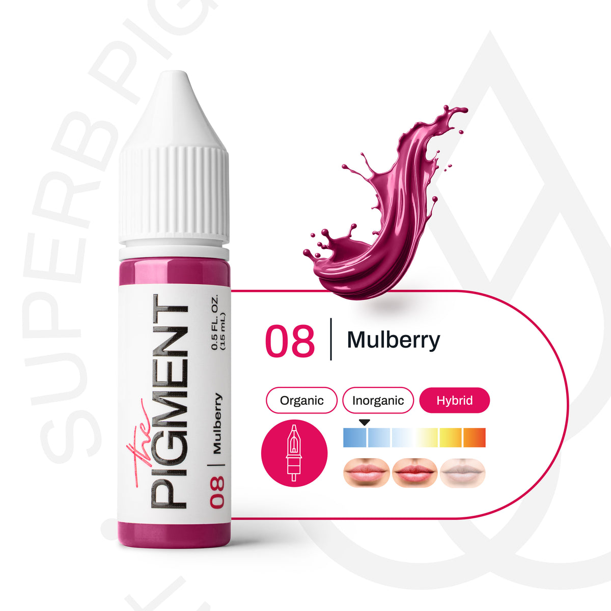Ficha técnica del pigmento PMU The Pigment 08 Mulberry para labios, fórmula híbrida con guía de subtono frío y aplicación profesional.