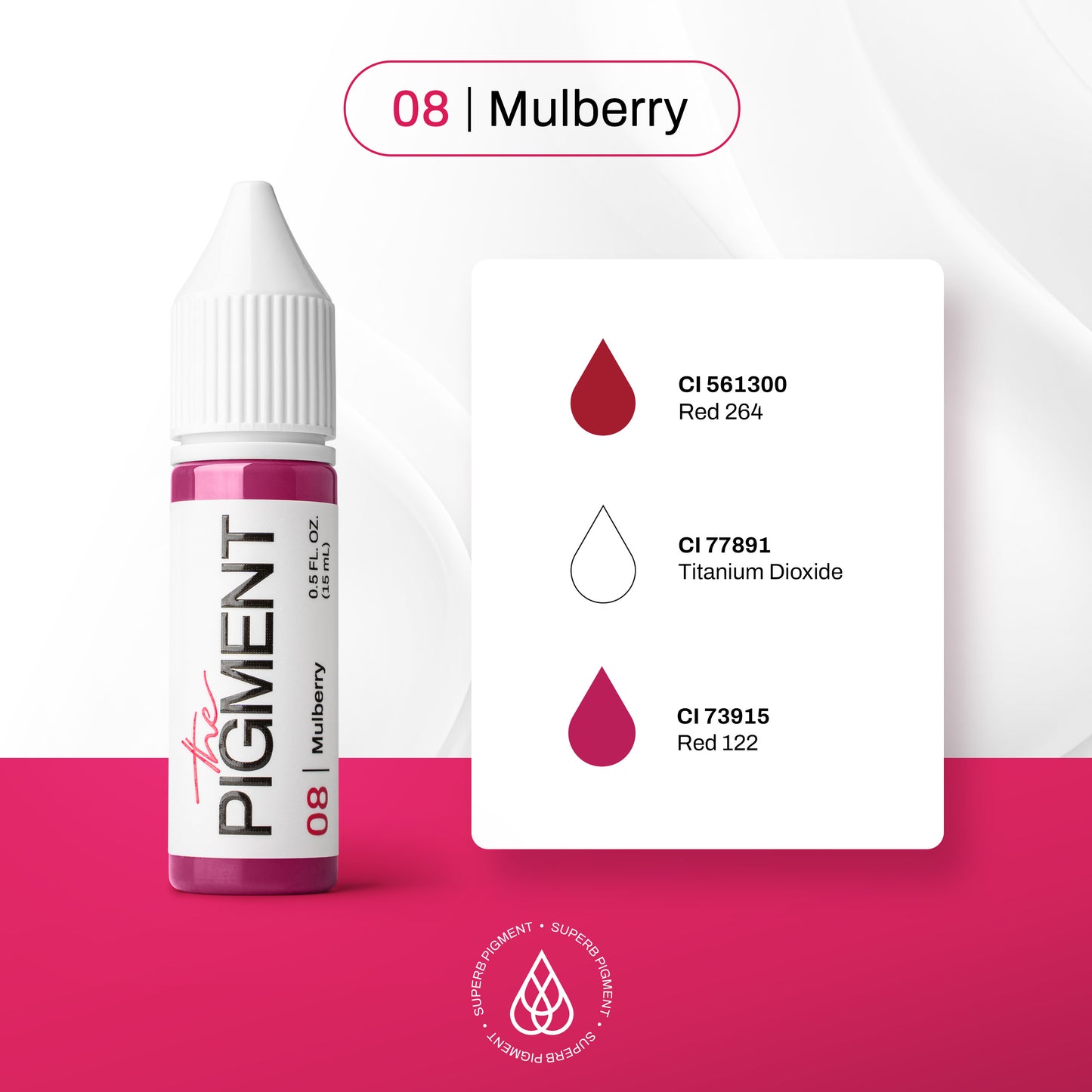 Composición CI del pigmento PMU The Pigment 08 Mulberry para labios: CI 561300 Red 264, CI 77891 Titanium Dioxide y CI 73915 Red 122.