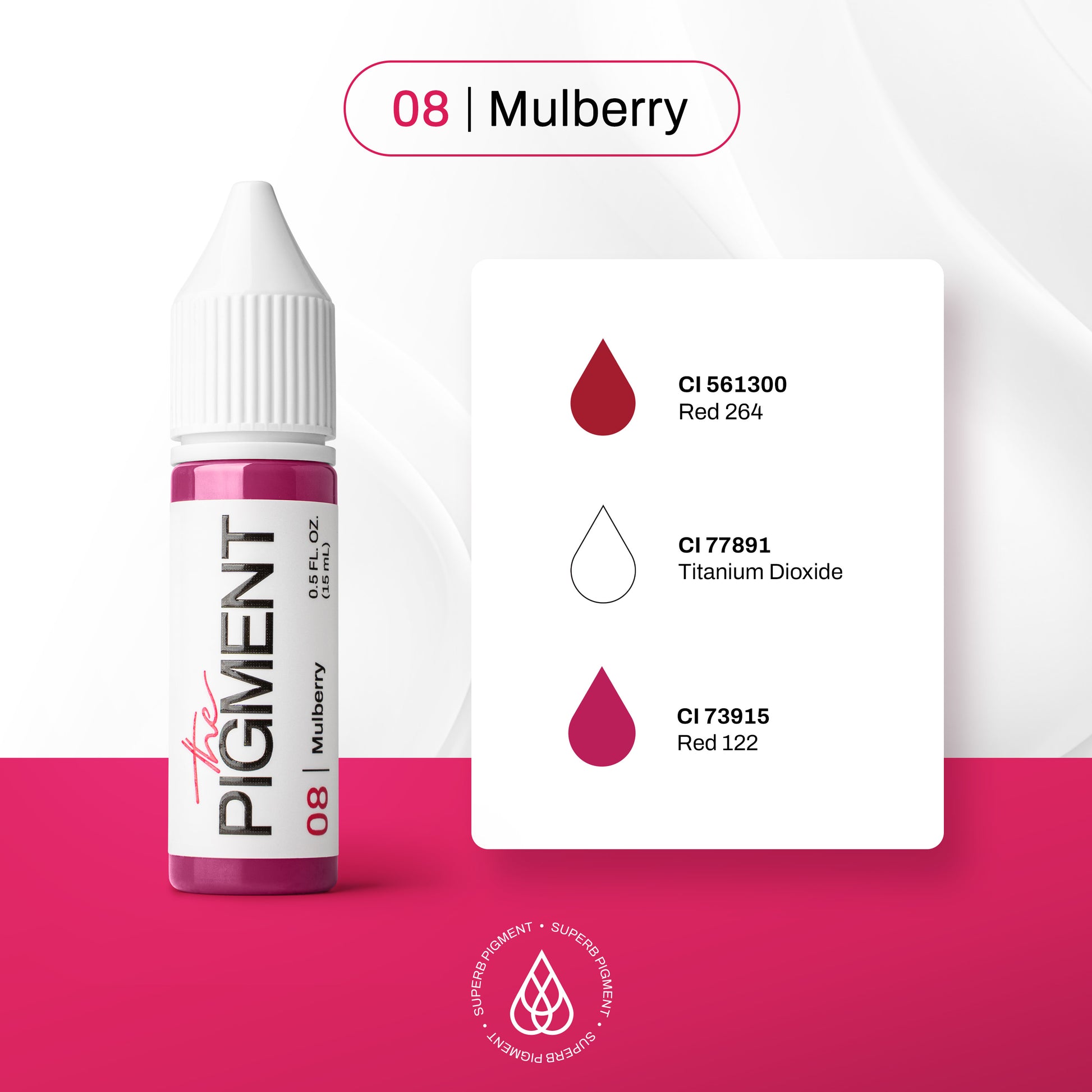 Composición CI del pigmento PMU The Pigment 08 Mulberry para labios: CI 561300 Red 264, CI 77891 Titanium Dioxide y CI 73915 Red 122.