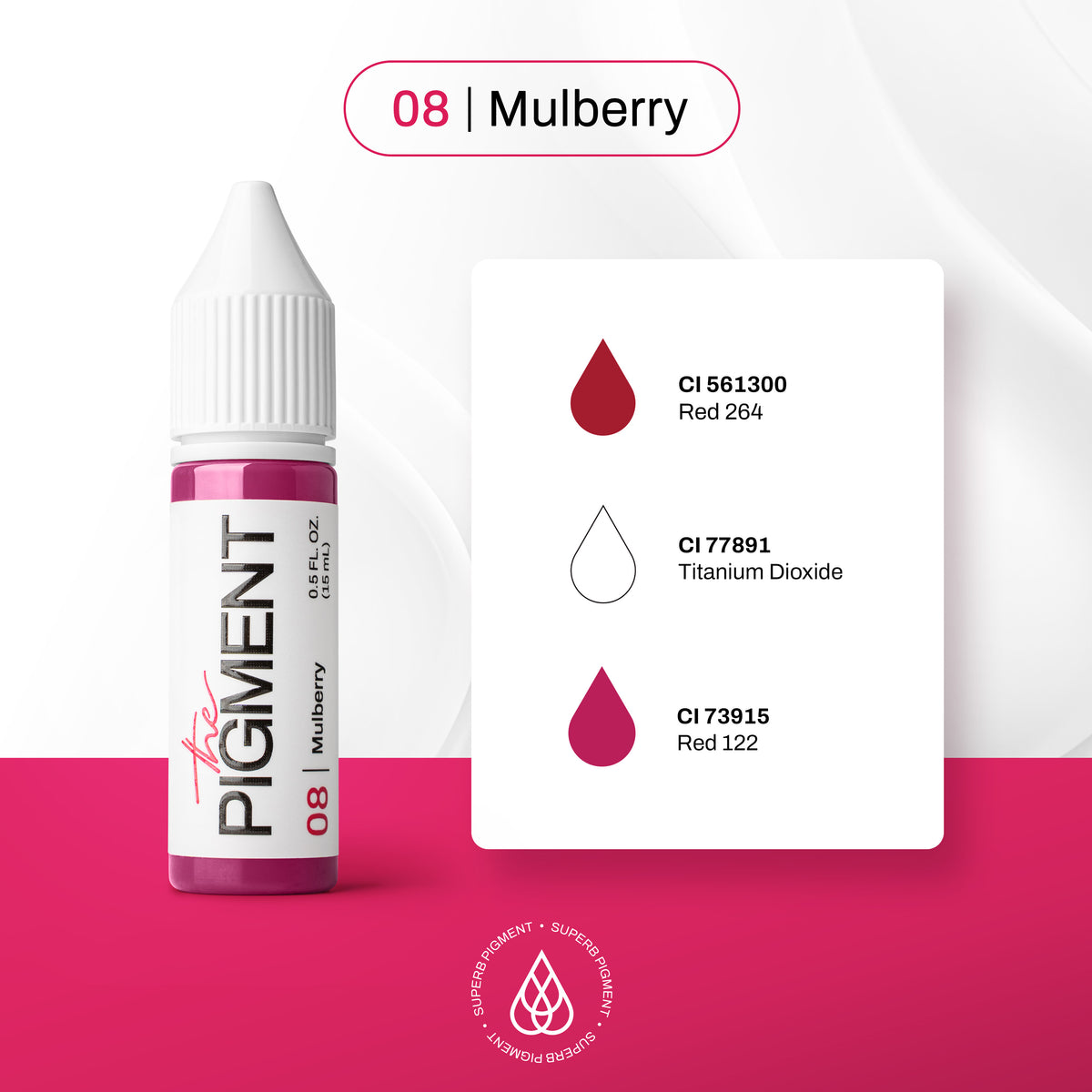 Composición CI del pigmento PMU The Pigment 08 Mulberry para labios: CI 561300 Red 264, CI 77891 Titanium Dioxide y CI 73915 Red 122.