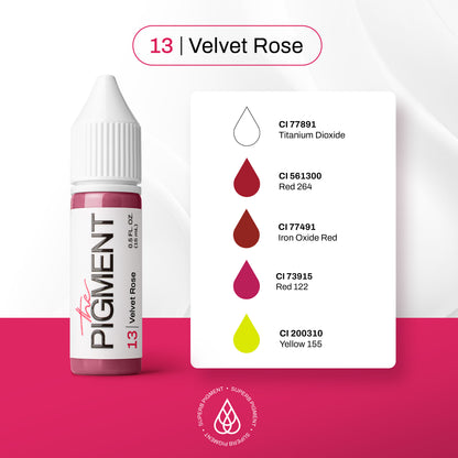 INCI pigmento PMU The Pigment 13 Velvet Rose CI 77891 Titanium Dioxide CI 561300 Red 264 CI 77491 Iron Oxide Red CI 73915 Red 122 CI 200310 Yellow 155