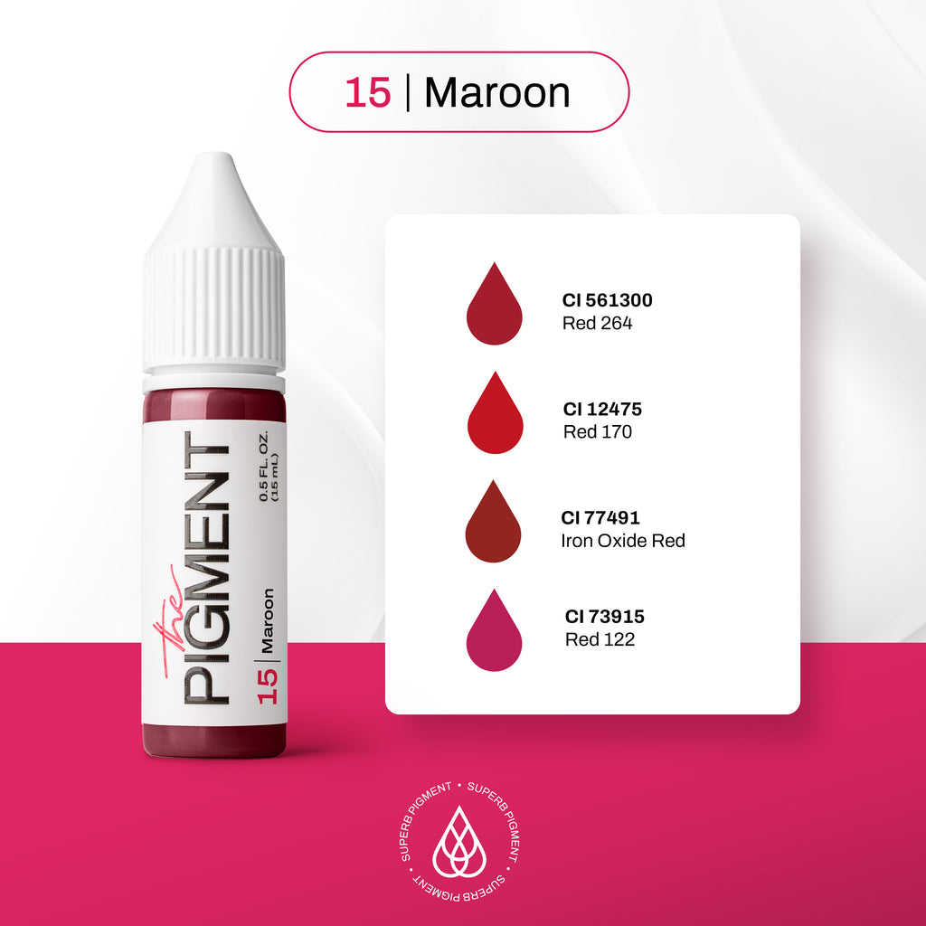 INCI pigmento PMU para labios The Pigment 15 Maroon 15 ml: CI 561300 (Red 264), CI 12475 (Red 170), CI 77491 (Iron Oxide Red), CI 73915 (Red 122)