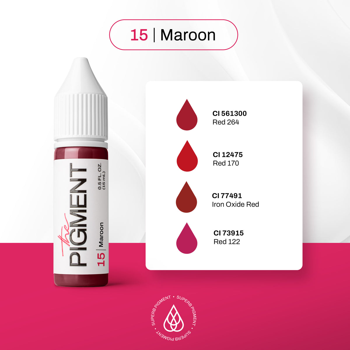 INCI pigmento PMU para labios The Pigment 15 Maroon 15 ml: CI 561300 (Red 264), CI 12475 (Red 170), CI 77491 (Iron Oxide Red), CI 73915 (Red 122)