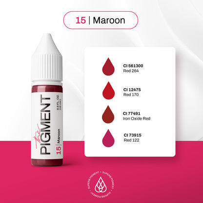 INCI pigmento PMU para labios The Pigment 15 Maroon 15 ml: CI 561300 (Red 264), CI 12475 (Red 170), CI 77491 (Iron Oxide Red), CI 73915 (Red 122)