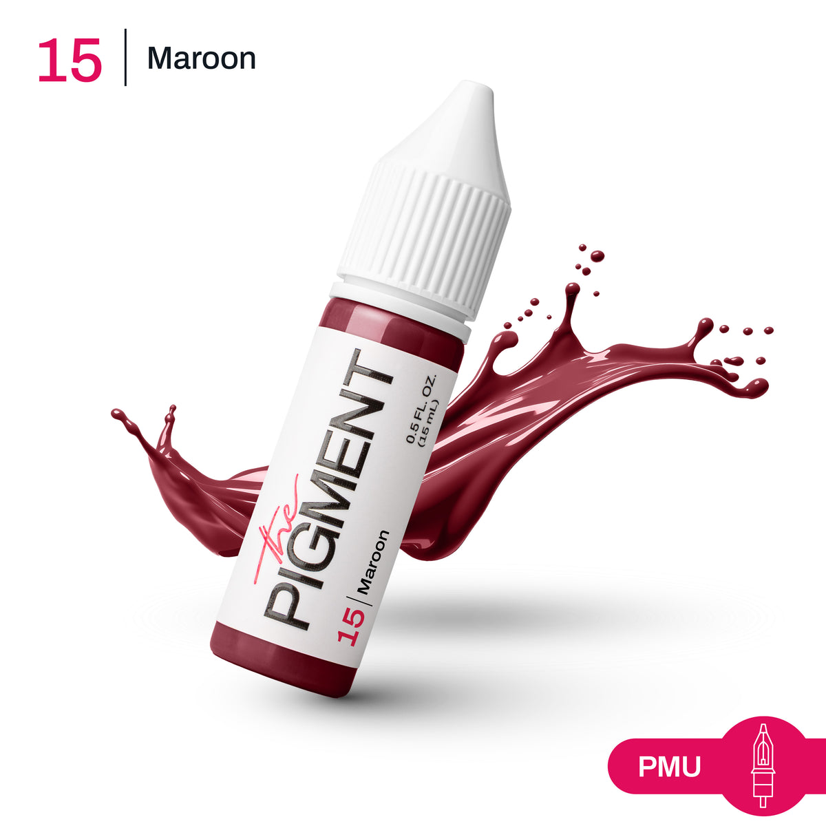 Swatch y textura del pigmento PMU para labios The Pigment 15 Maroon, borgoña profundo, efecto lipstick, acabado satinado elegante