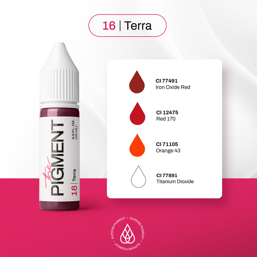 pigmento PMU labios The Pigment 16 Terra 15 ml CI 77491 Iron Oxide Red CI 12475 Red 170 CI 71105 Orange 43 CI 77891 Titanium Dioxide composición