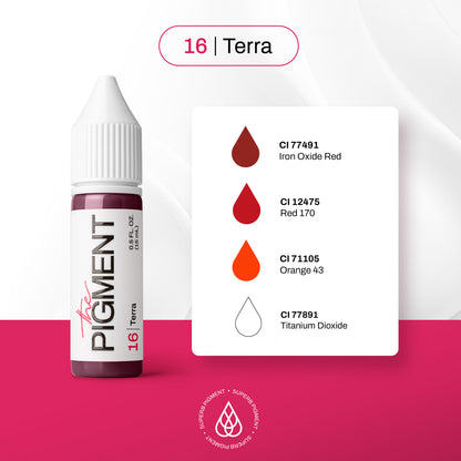 pigmento PMU labios The Pigment 16 Terra 15 ml CI 77491 Iron Oxide Red CI 12475 Red 170 CI 71105 Orange 43 CI 77891 Titanium Dioxide composición