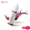 Textura y swatch pigmento PMU labios The Pigment 16 Terra nude cálido beige rosado acabado natural ideal para lip blush suave