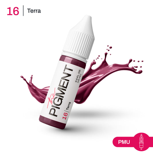 Textura y swatch pigmento PMU labios The Pigment 16 Terra nude cálido beige rosado acabado natural ideal para lip blush suave