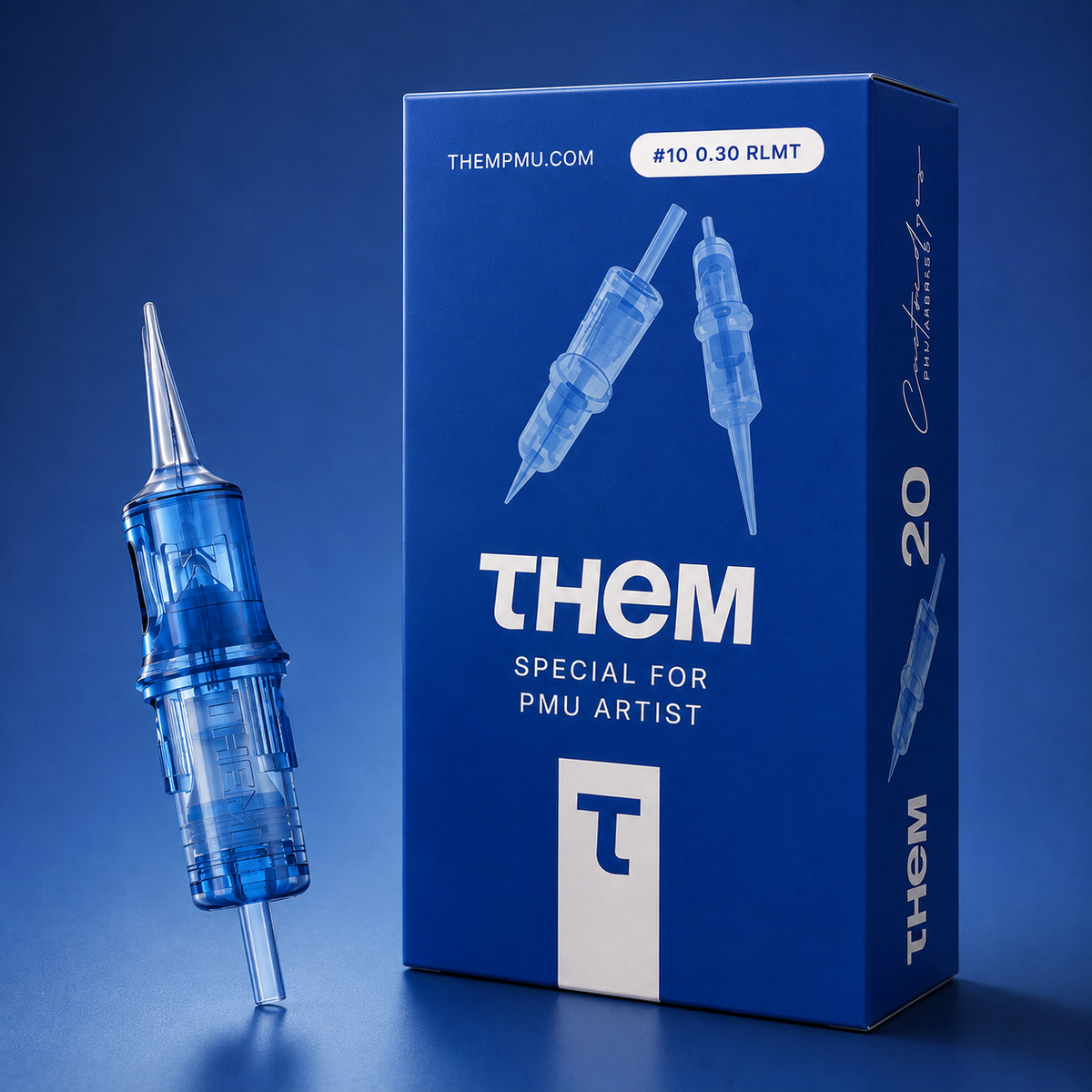 Cartucho PMU THEM Serie Azul 1RLMT 0,30 mm Medium Taper junto a su packaging original de 20 unidades