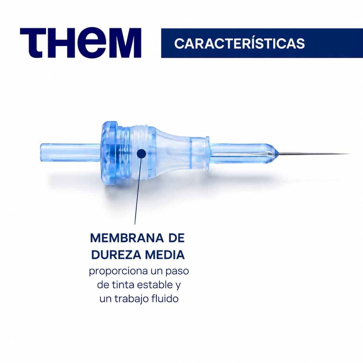 Cartucho para micropigmentación THEM Serie Azul 1RLMT con boquilla estrecha mostrado en imagen técnica informativa