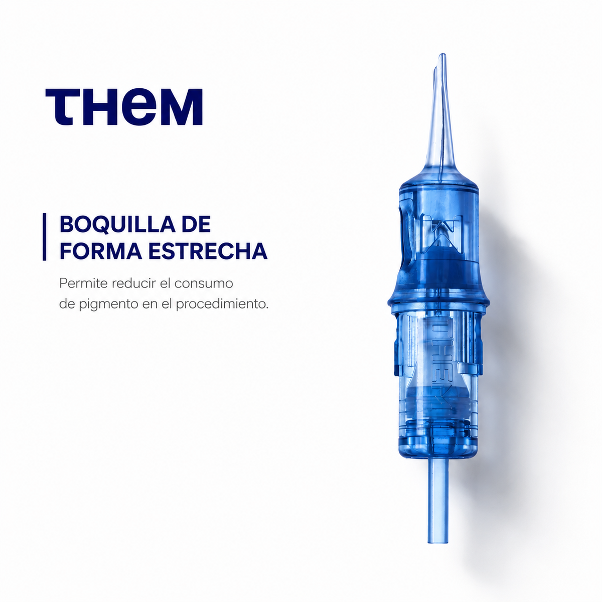 Esquema técnico del cartucho PMU THEM Serie Azul con membrana de dureza media y aguja Round Liner