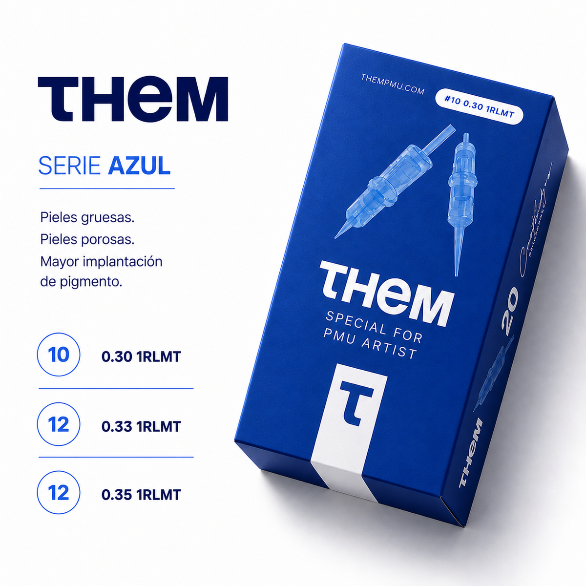 Cartuchos PMU THEM Serie Azul 1RLMT Medium Taper disponibles en 0,30, 0,33 y 0,35 mm con caja de 20 unidades
