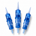 Tres cartuchos PMU THEM Serie Azul 1RLMT de cuerpo azul transparente mostrados desde diferentes ángulos
