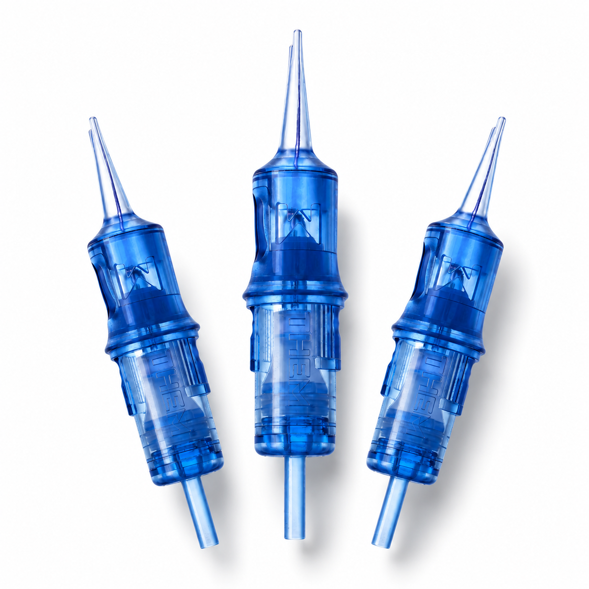 Tres cartuchos PMU THEM Serie Azul 1RLMT de cuerpo azul transparente mostrados desde diferentes ángulos