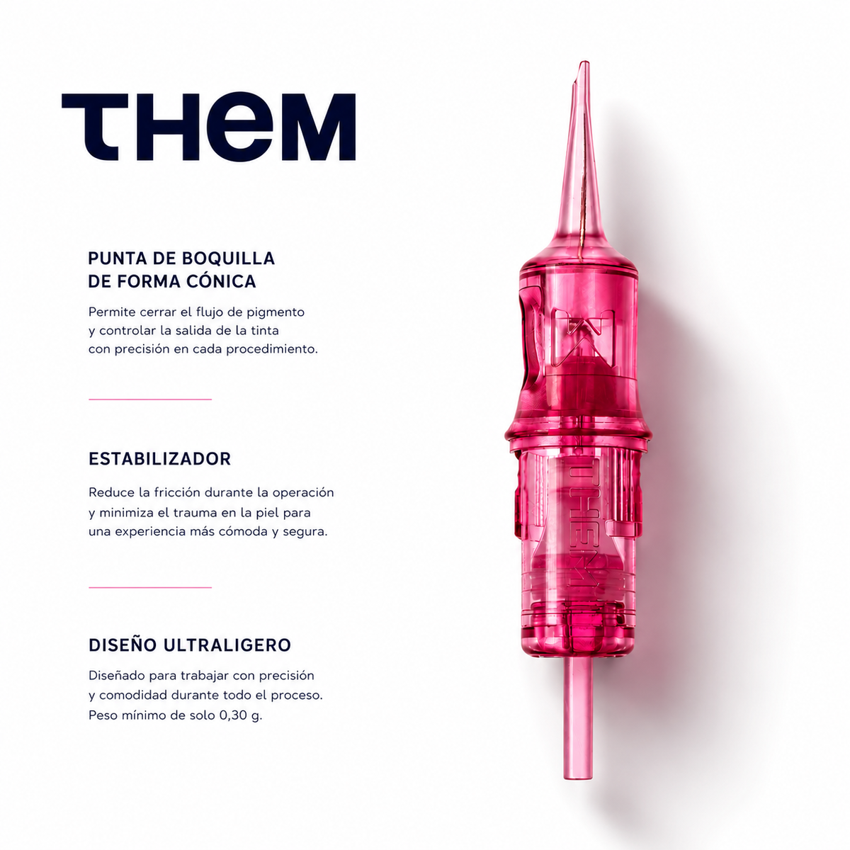 Aguja para micropigmentación THEM Serie Rosa con boquilla de forma cónica, estabilizador interno y diseño ligero