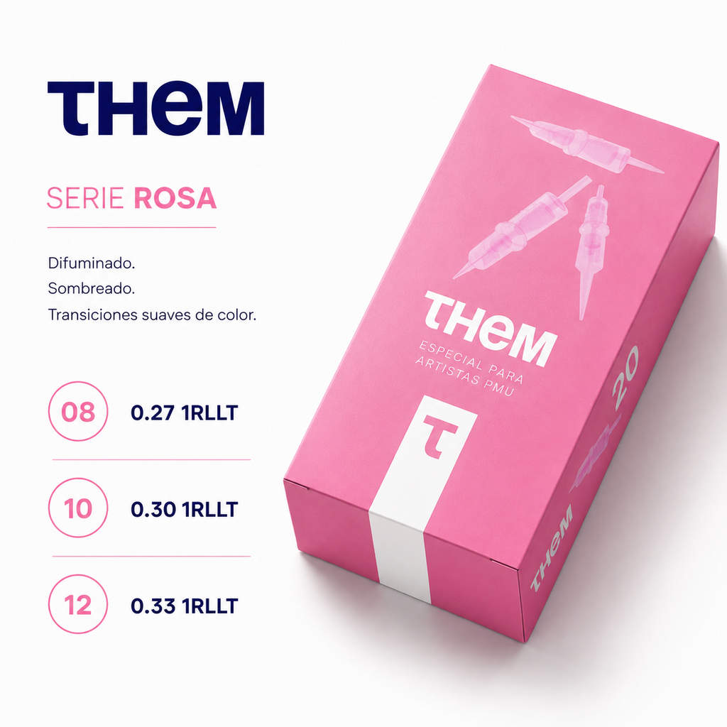 Agujas PMU THEM Serie Rosa 1RLLT en 0,27, 0,30 y 0,33 mm con caja de 20 unidades para difuminado y sombreado