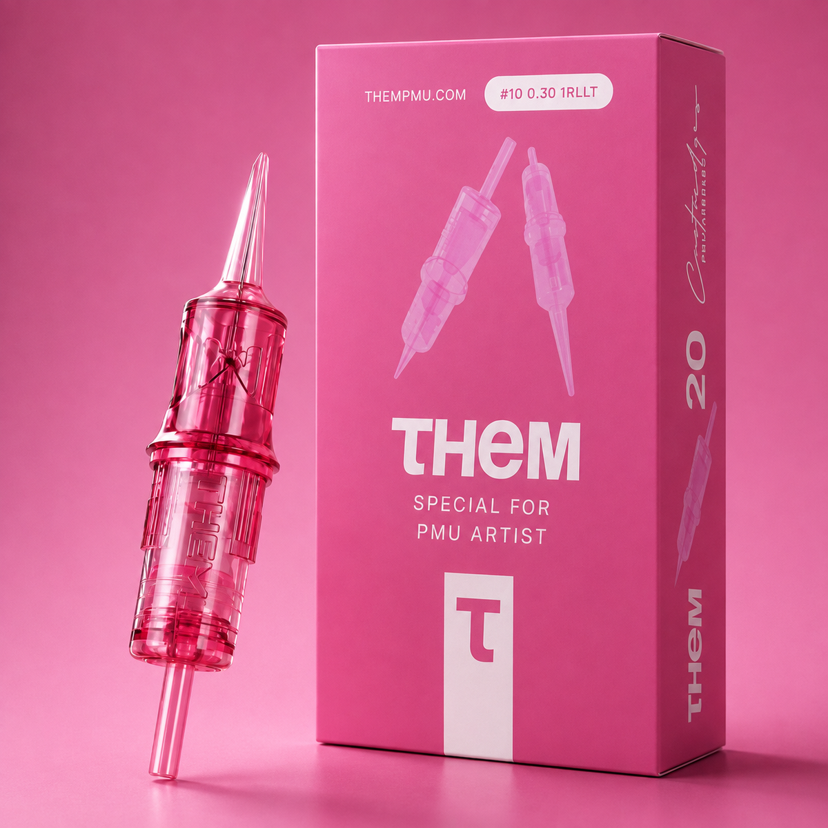 Cartucho PMU THEM Serie Rosa 1RLLT junto a packaging original de 20 unidades para blending, cejas y labios