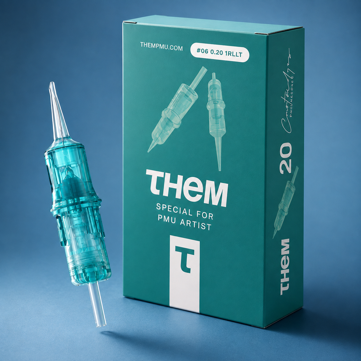 Cartucho PMU THEM Serie Turquesa 0,20 1RLLT junto a su packaging original de 20 unidades