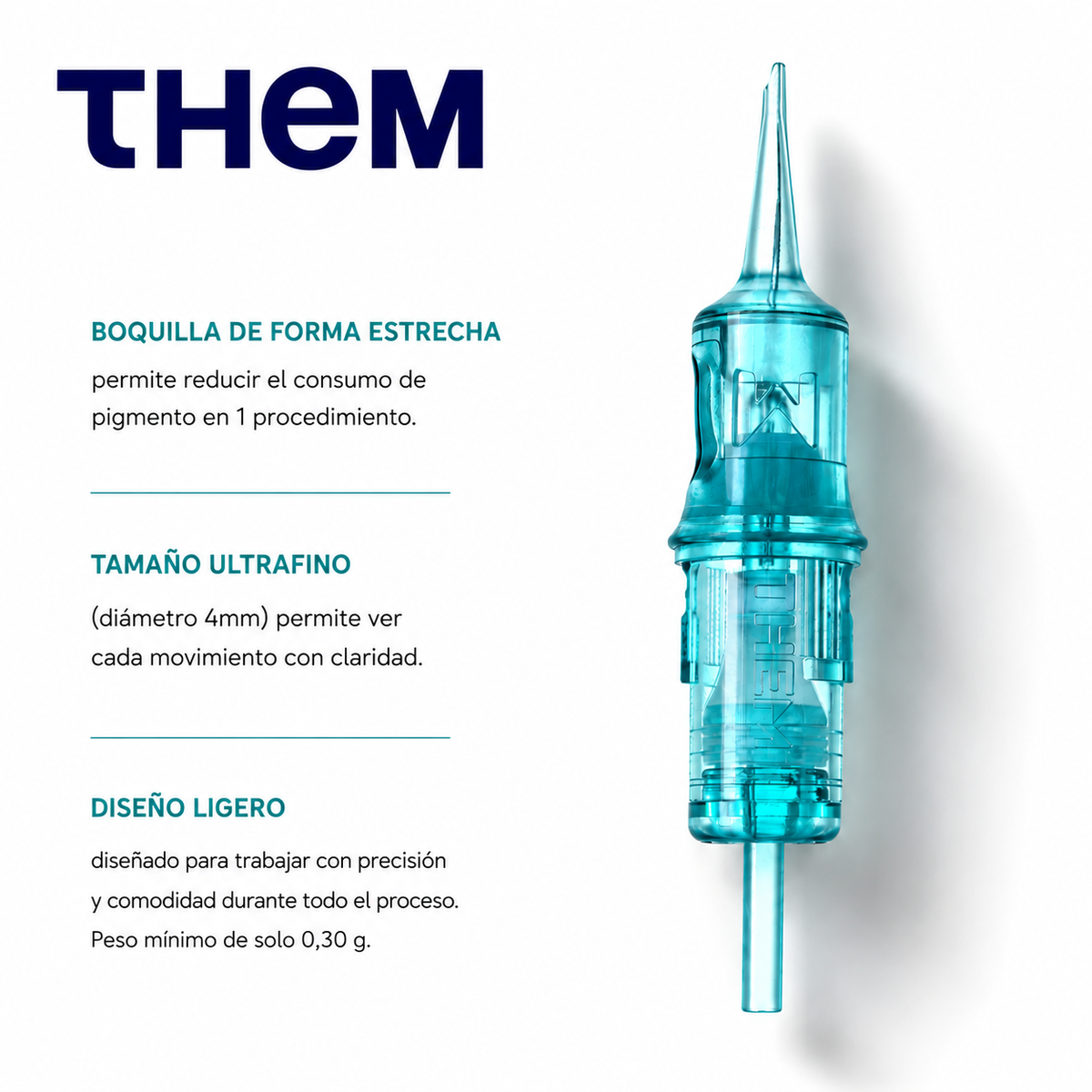 Cartucho para micropigmentación THEM Serie Turquesa con boquilla estrecha, diámetro exterior de 4 mm y diseño ligero