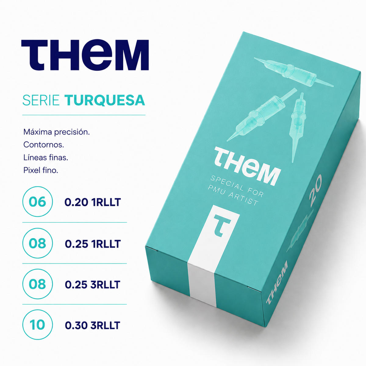 Cartuchos PMU THEM Serie Turquesa con configuraciones 1RLLT y 3RLLT de 0,20 a 0,30 mm en caja de 20 unidades