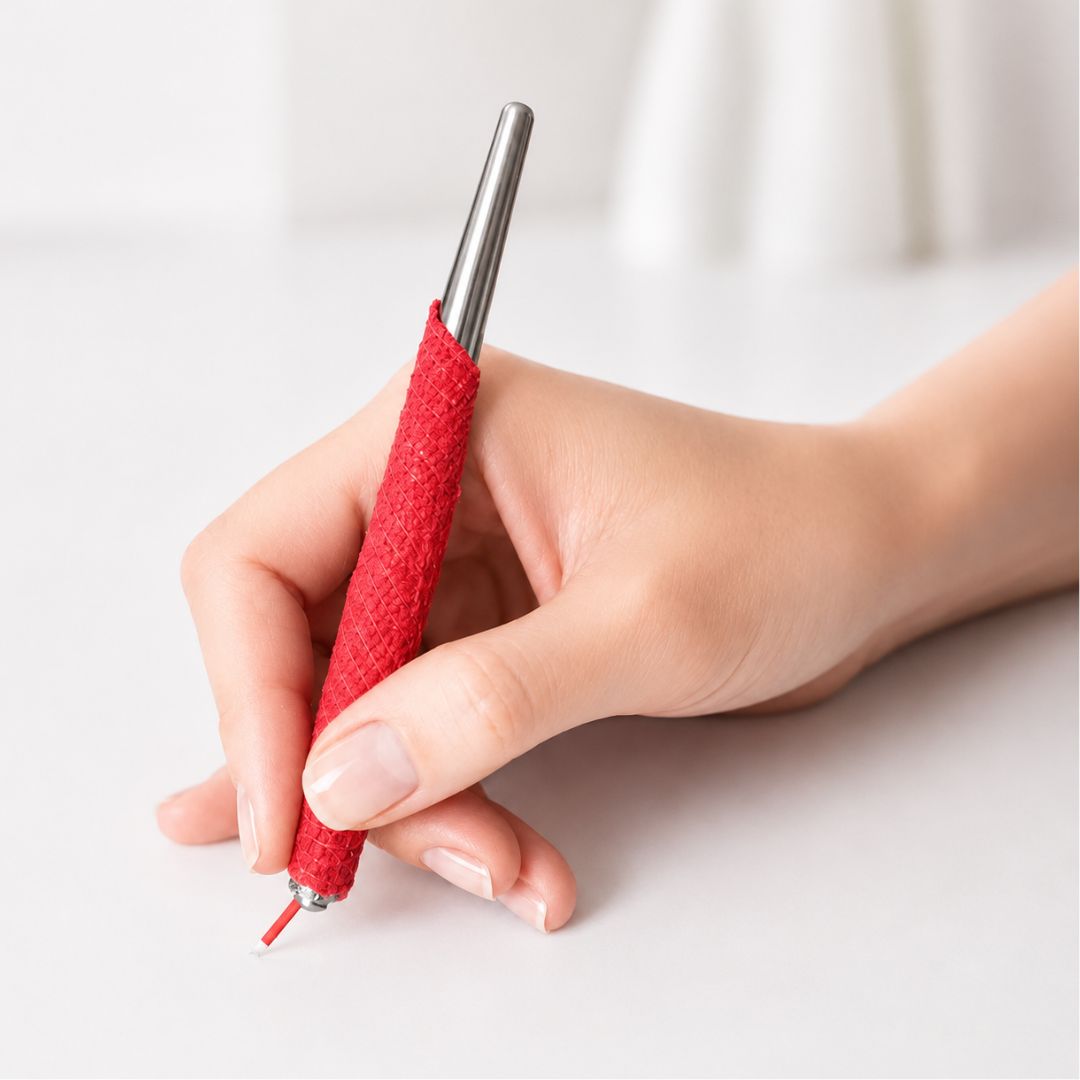 Manipulo de micropigmentación con venda grip roja autoadherente