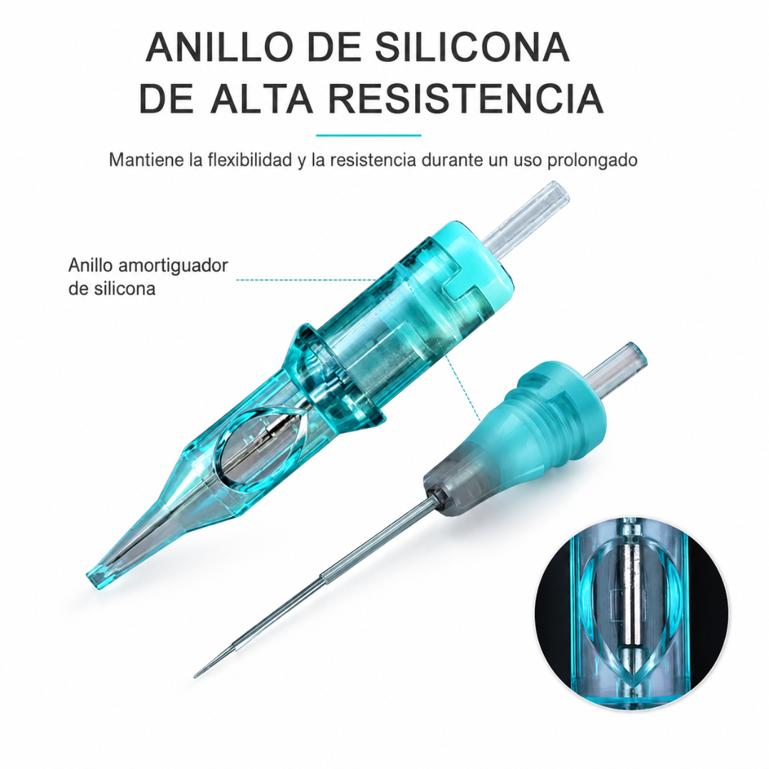 Detalle técnico de cartucho PMU Viper con anillo amortiguador de silicona y conjunto interno de la aguja para micropigmentación profesional