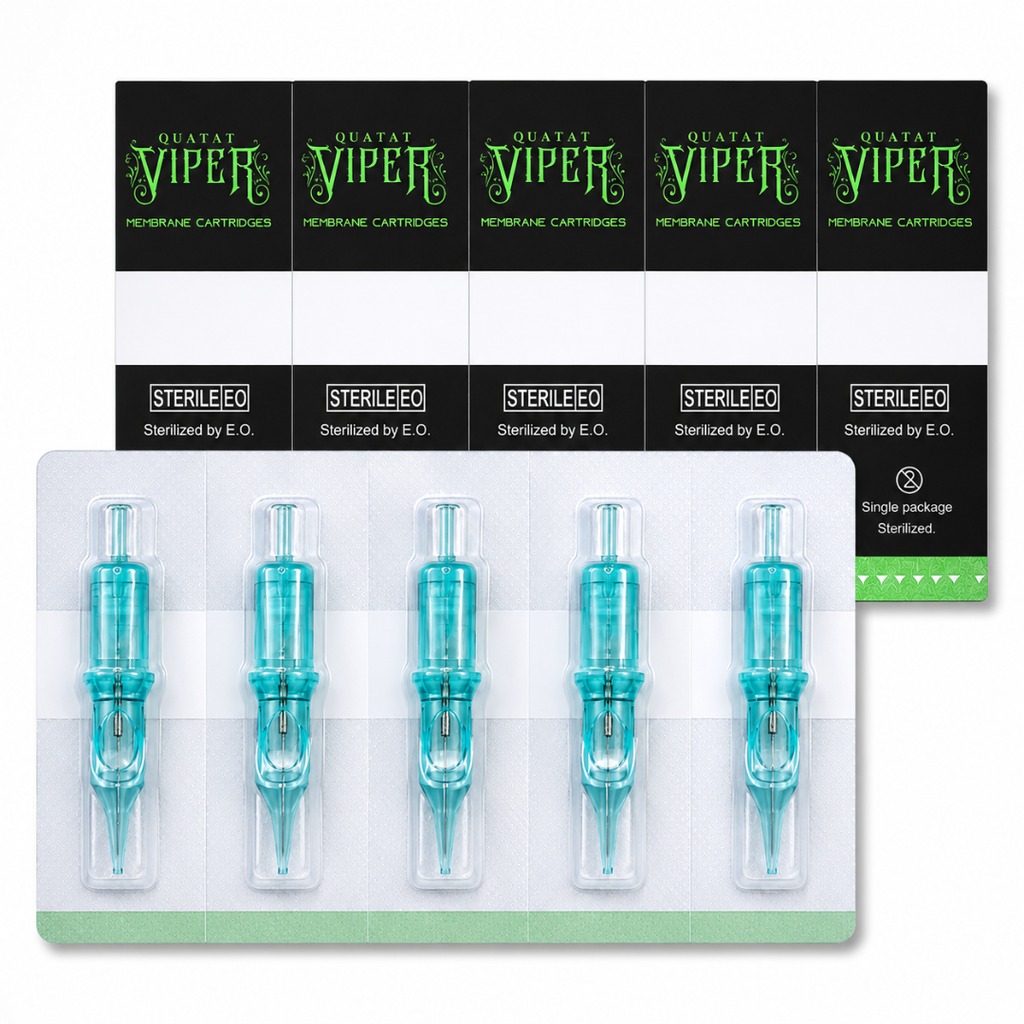 Cartuchos PMU Viper en envase individual esterilizados mediante EO con packaging Membrane Cartridges para micropigmentación profesional
