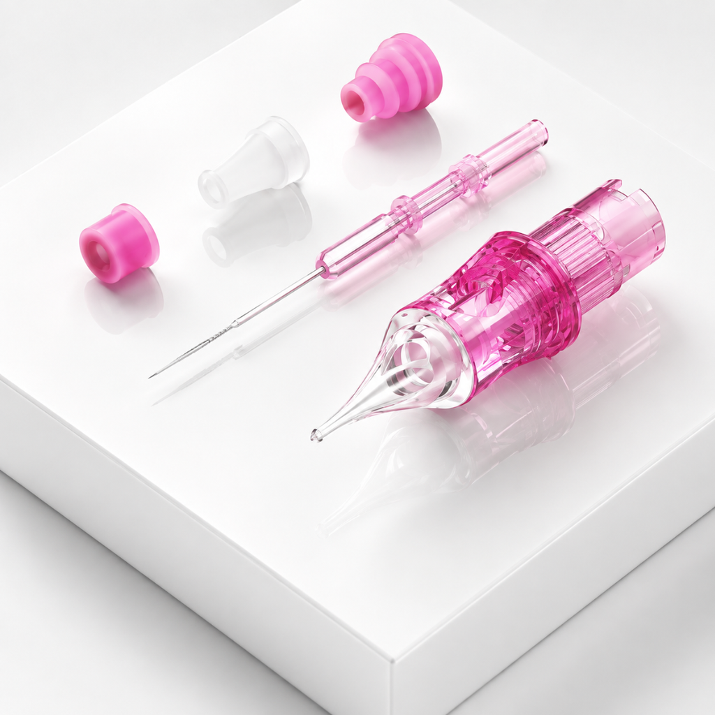 Despiece técnico del cartucho PMU Viper Purple Clear Tip 1RLLT con aguja, cuerpo transparente y componentes internos