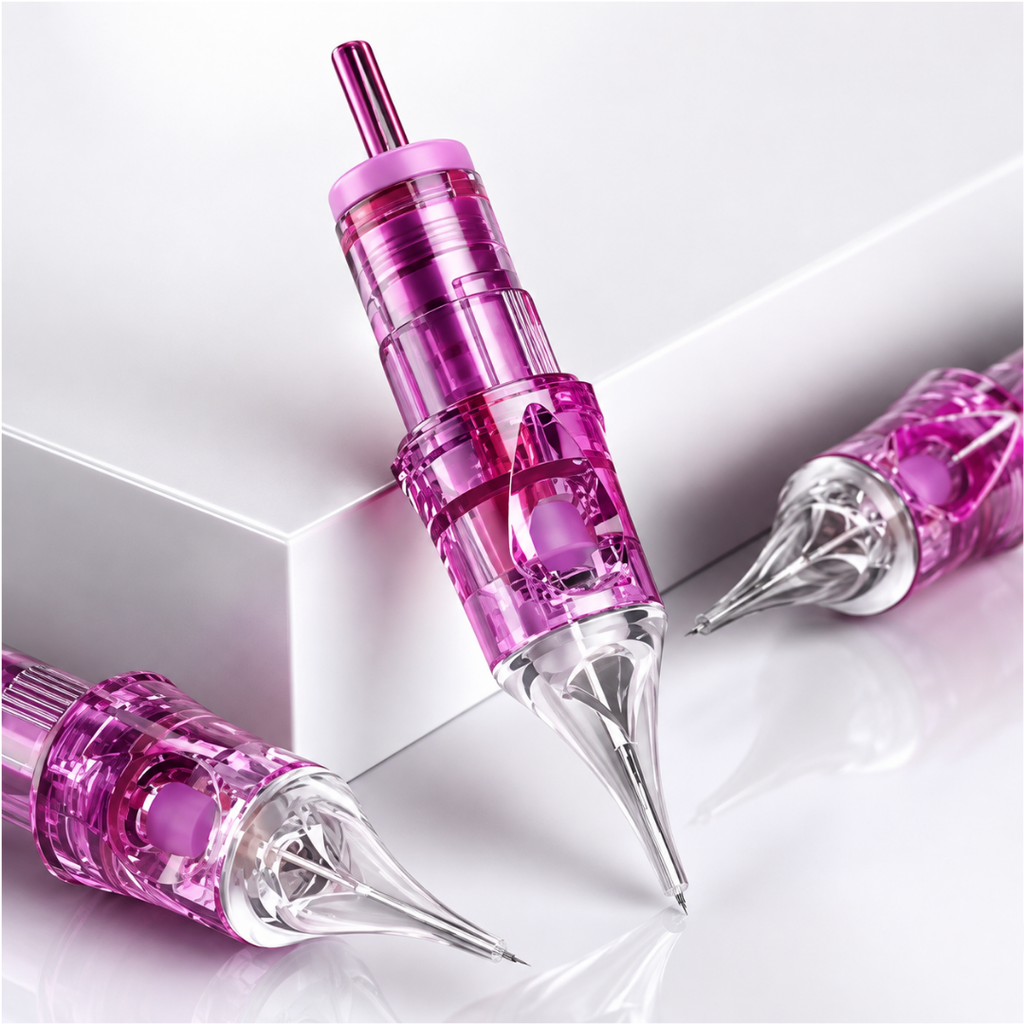 Cartuchos PMU Viper Purple Clear Tip 1RLLT con punta transparente para trabajos de precisión en micropigmentación