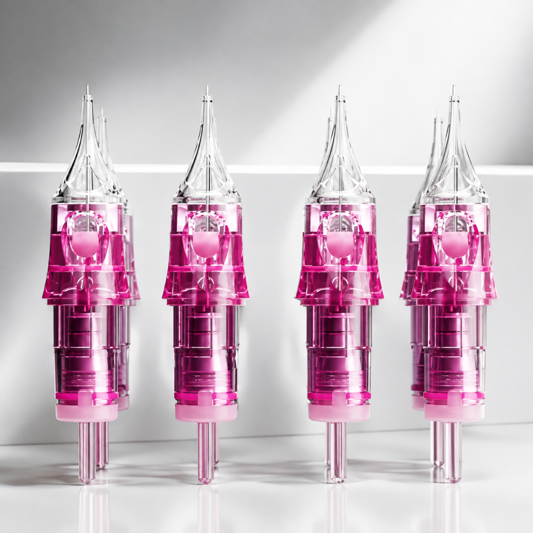 Agujas PMU Viper Purple Clear Tip 1RLLT Round Liner con terminal transparente para micropigmentación profesional