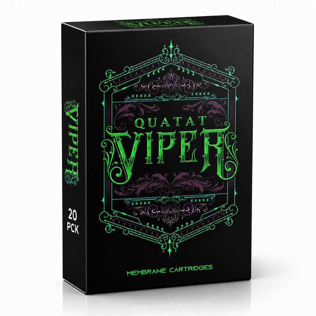 Caja de cartuchos PMU Viper Membrane Cartridges en packaging negro para agujas profesionales de micropigmentación