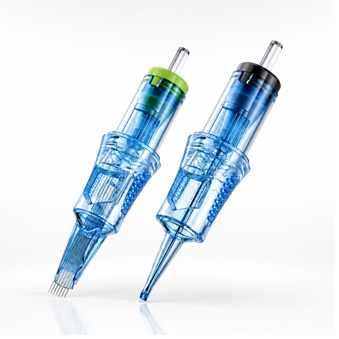 Detalle de cartuchos PMU Viper VL transparentes con diferentes configuraciones de agujas para micropigmentación profesional