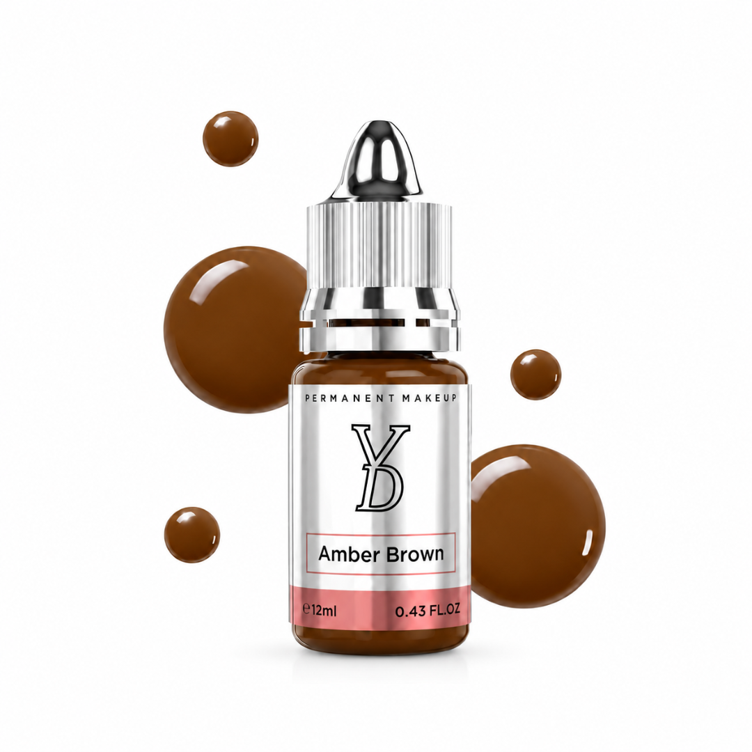 Frasco de pigmento híbrido YDPMU Amber Brown 12 ml con muestras de color marrón cálido dorado y subtonos miel