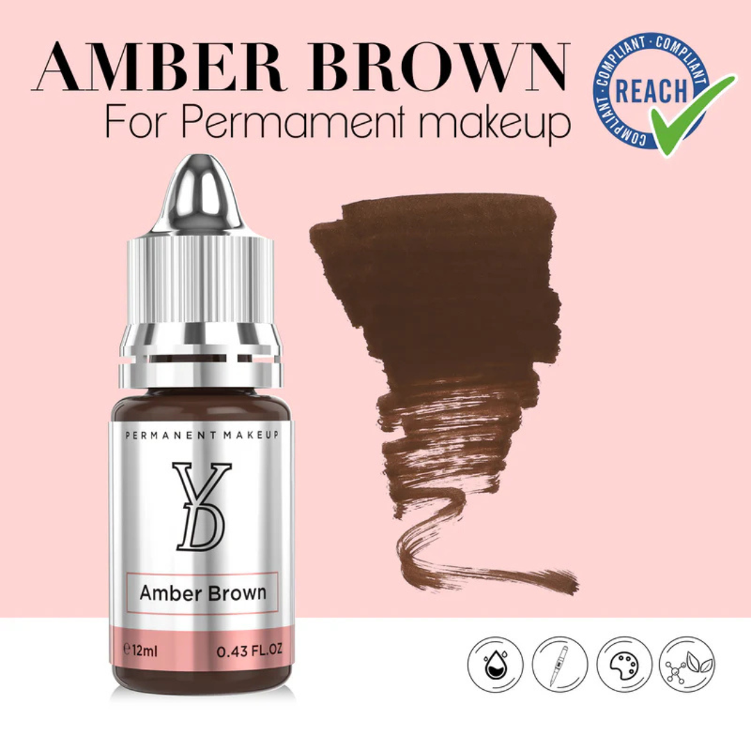 Textura y swatch del pigmento YDPMU Amber Brown 12 ml marrón cálido dorado con subtonos miel para Powder Brows