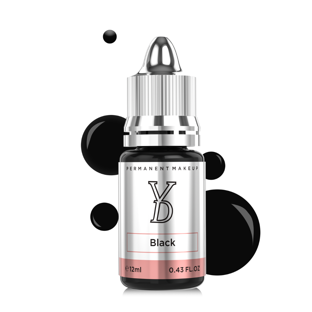 Frasco de pigmento híbrido YDPMU Black 12 ml con muestras de color negro para eyeliner PMU y definición infraciliar