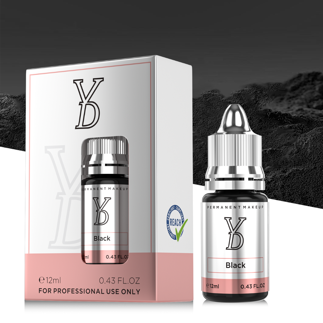 Pigmento PMU negro YDPMU Black 12 ml con frasco y packaging original REACH para eyeliner y línea de pestañas profesional