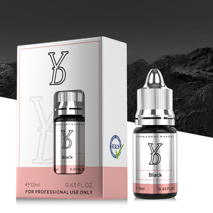 Pigmento PMU negro YDPMU Black 12 ml con frasco y packaging original REACH para eyeliner y línea de pestañas profesional
