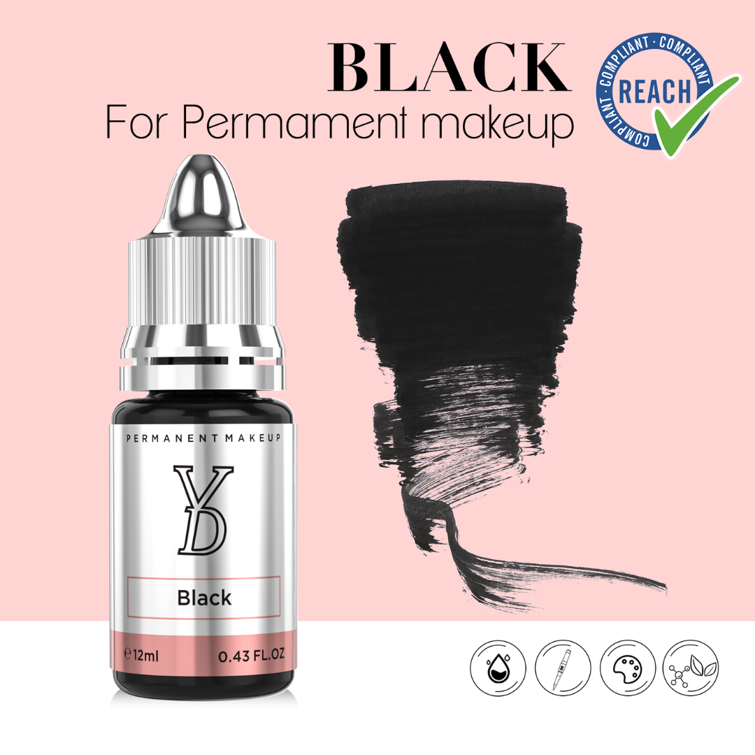 Textura y swatch del pigmento PMU YDPMU Black 12 ml negro intenso para eyeliner permanente y línea de pestañas
