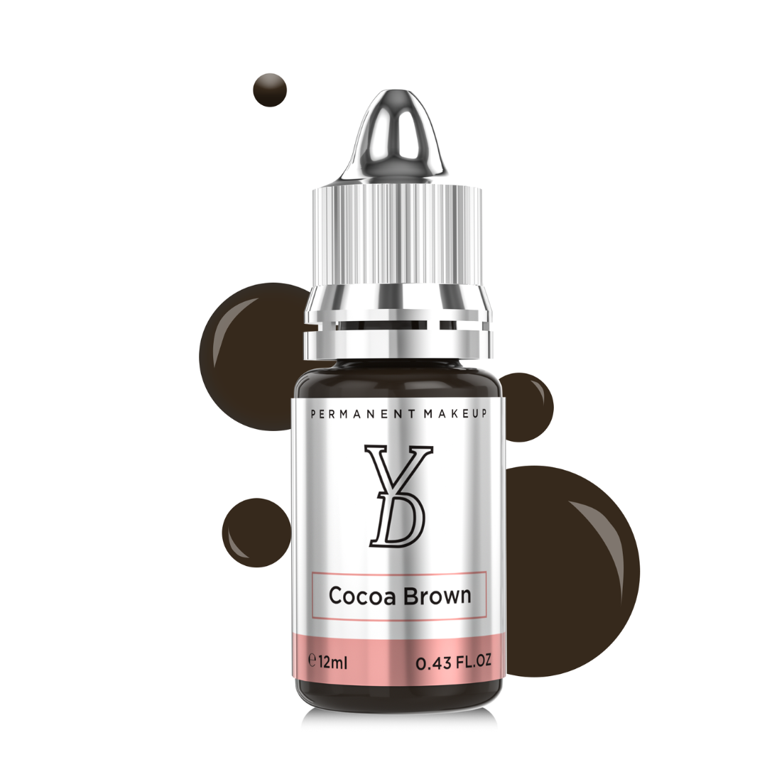 Frasco de pigmento híbrido YDPMU Cocoa Brown 12 ml con muestras de color marrón cacao neutro para micropigmentación de cejas