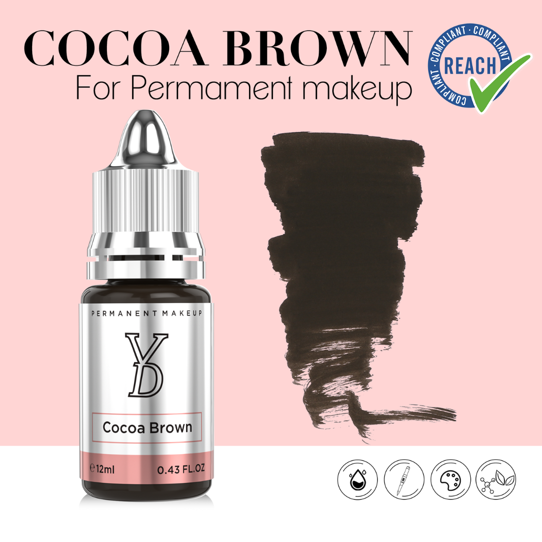 Textura y swatch del pigmento YDPMU Cocoa Brown 12 ml marrón cacao neutro para Powder Brows Ombre Brows y Combination Brows