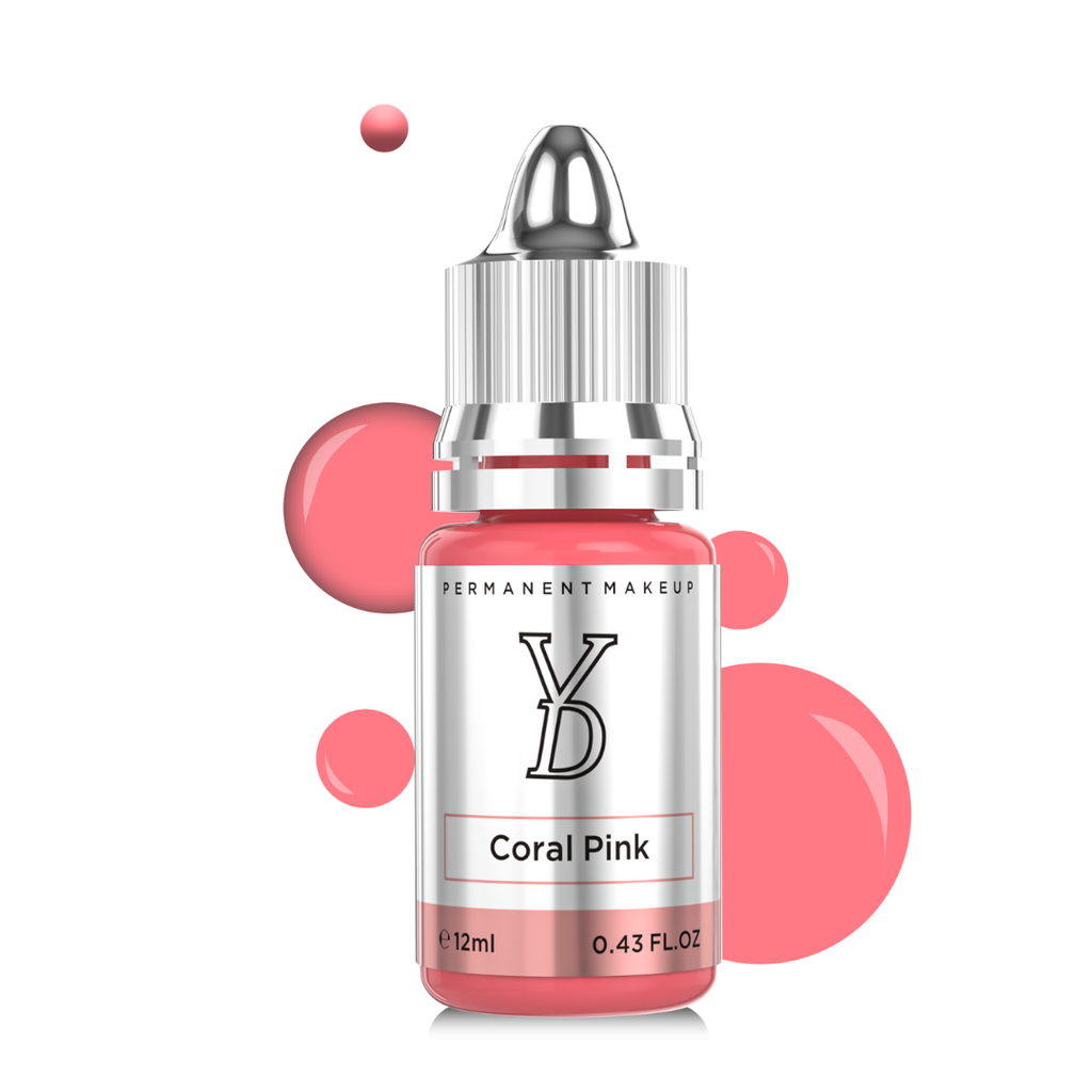Frasco YDPMU Coral Pink 12 ml con muestras cromáticas rosa coral para micropigmentación profesional de labios y areola