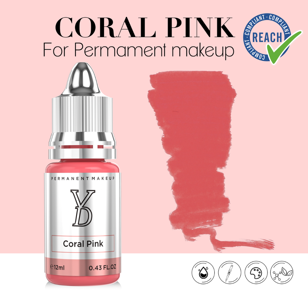 Pigmento PMU YDPMU Coral Pink 12 ml con swatch rosa coral cálido, frasco profesional y referencia gráfica REACH