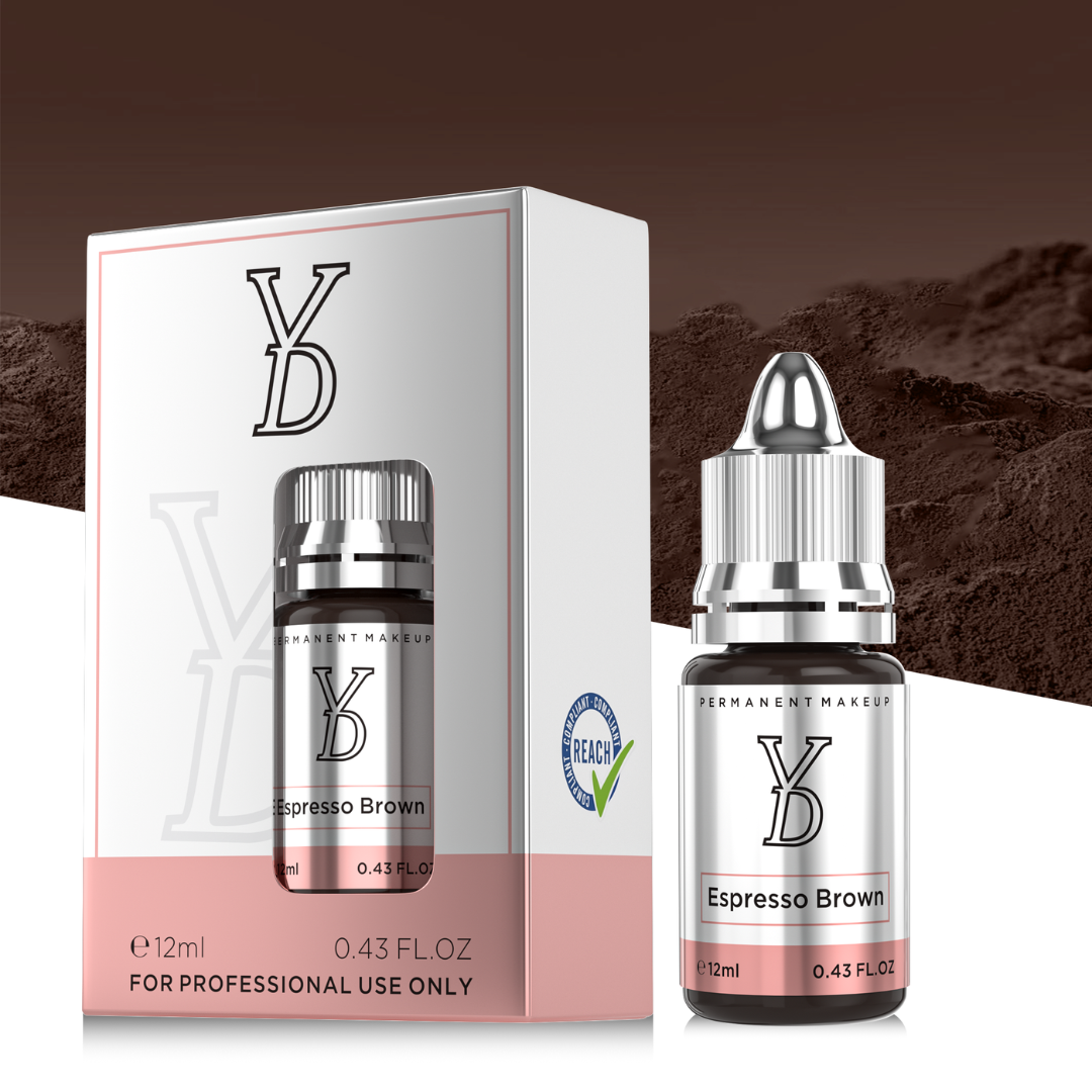 Packaging original YDPMU Espresso Brown pigmento PMU profesional para cejas marrón espresso intenso formato 12 ml conforme REACH