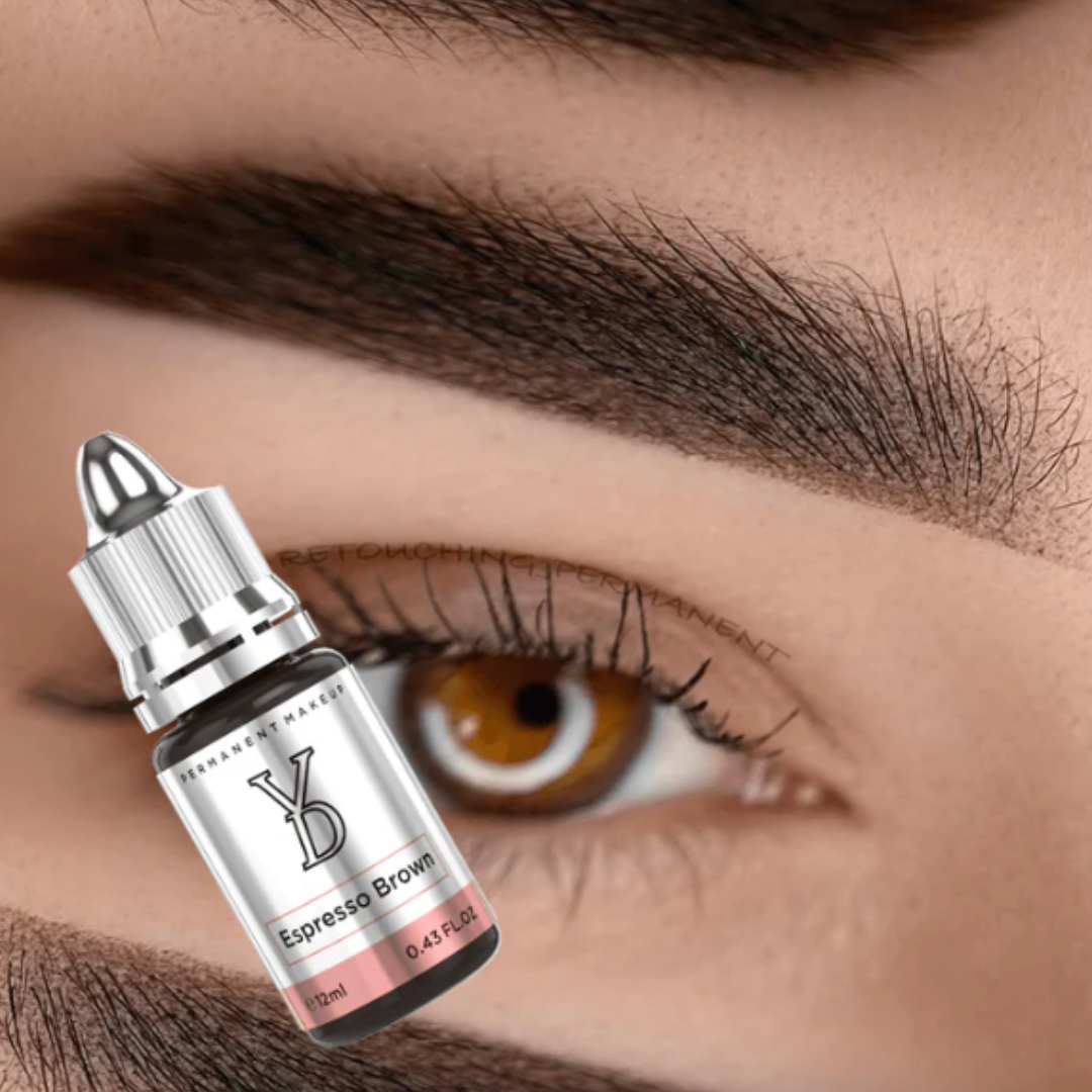 Pigmento PMU YDPMU Espresso Brown aplicado en cejas efecto Powder Brows marrón oscuro intenso para maquillaje permanente profesional